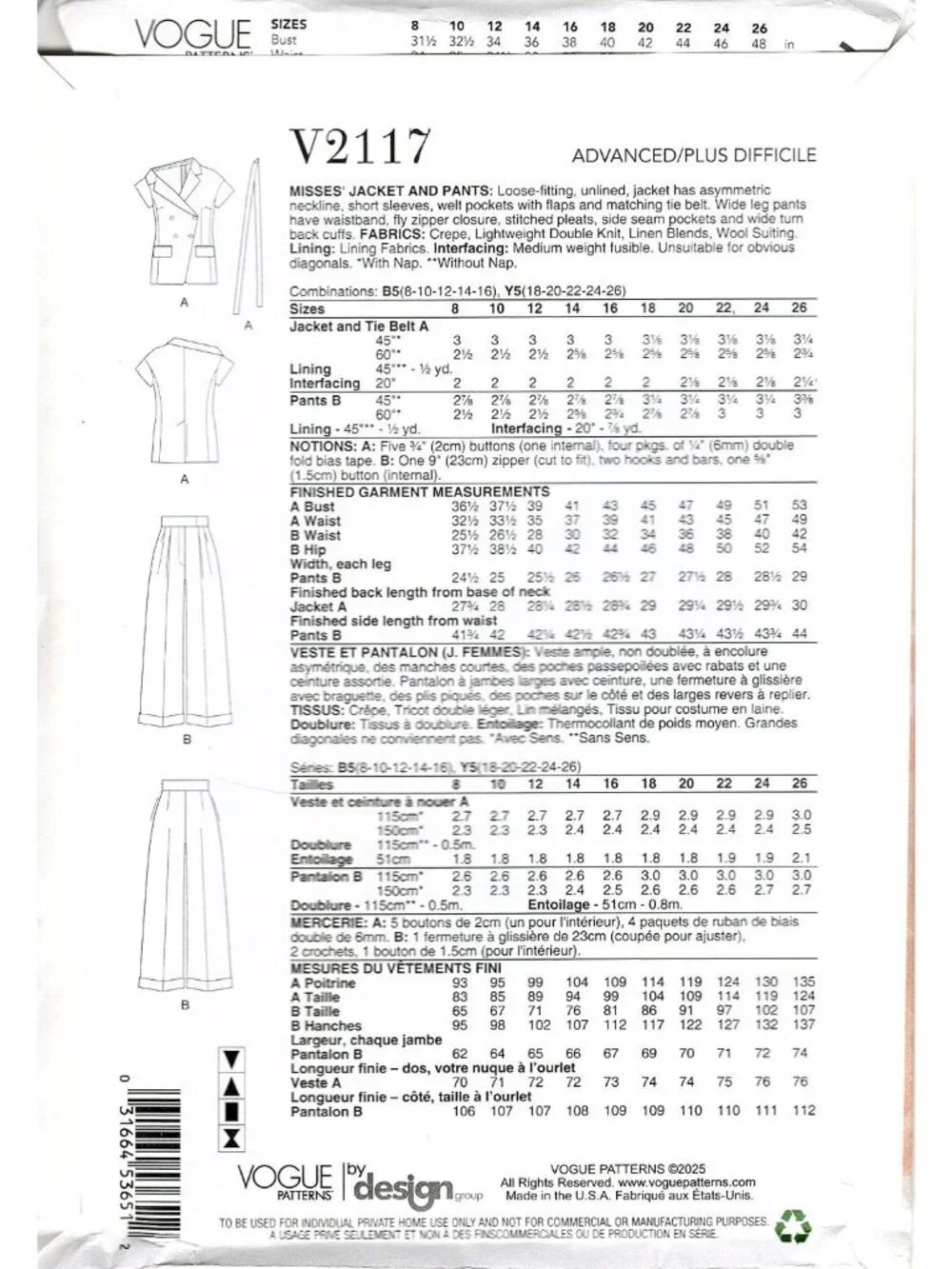 Vogue V2117 Misses 8 to 16 Loose-Fit Jacket and Pants Uncut Sewing Pattern